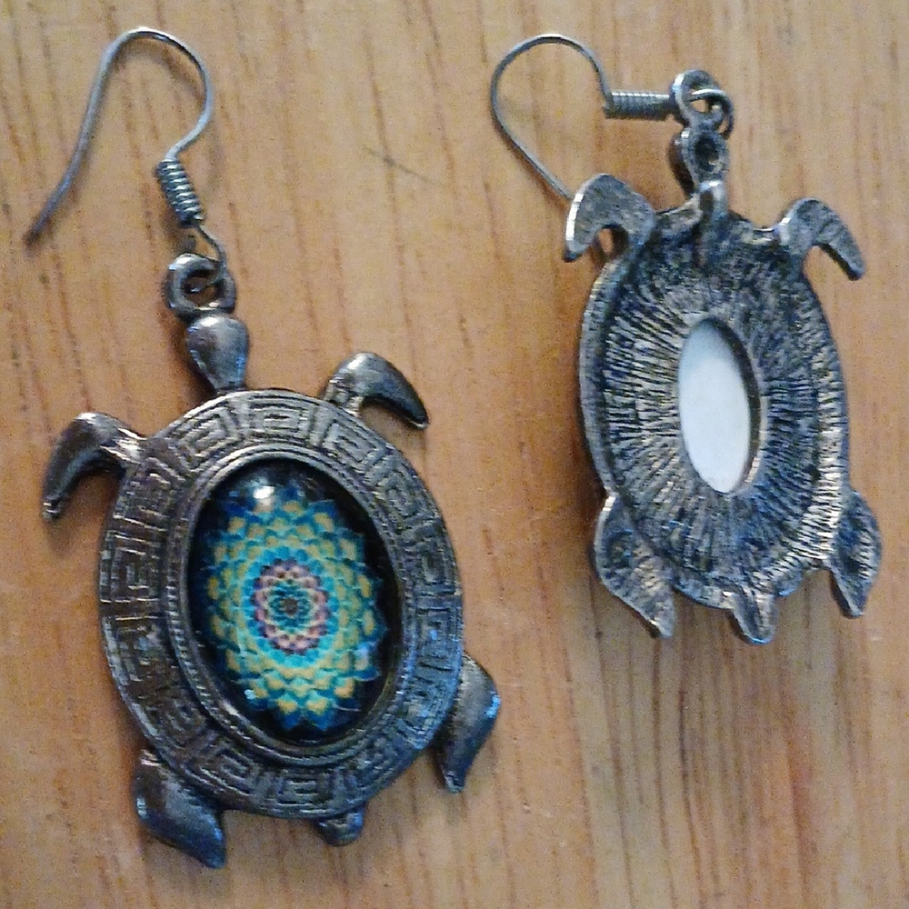 Silver Turtle Earrings with Blue and Yellow Design